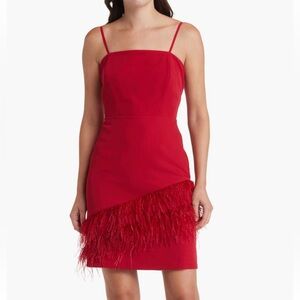 Sam Edelman Red Spaghetti Strap Asymmetrical Feather Hem Sheath Dress Size 2 NWT